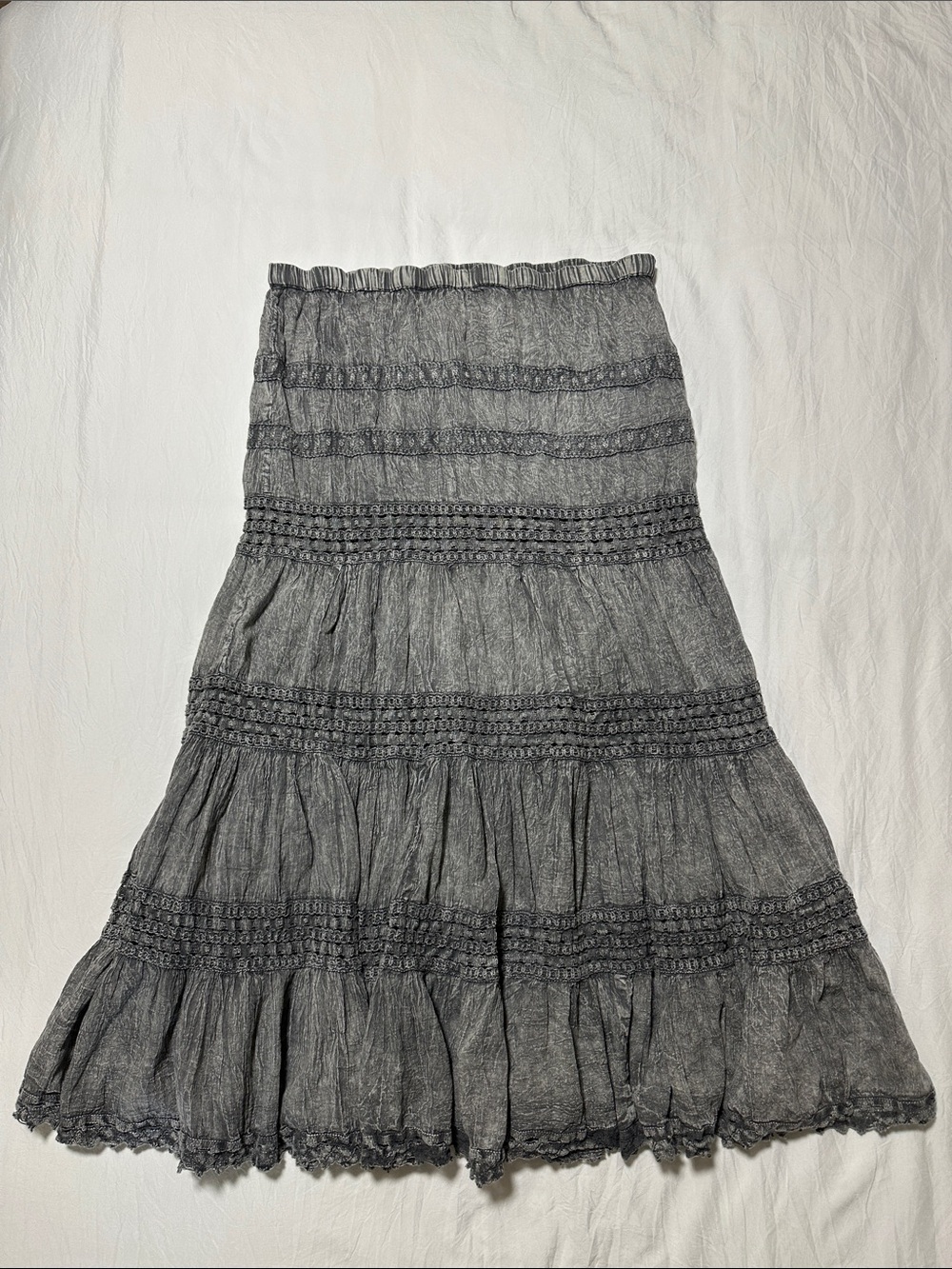 Vintage Metrowear Gray Crinkle Tiered Maxi Skirt Boho Crochet Detail M